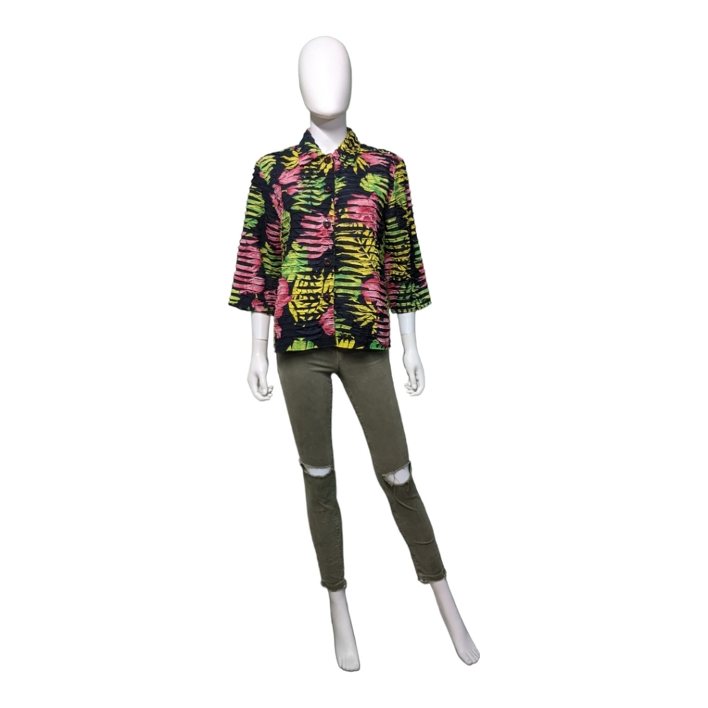 Vintage Keren Hart Black Tropical Long Sleeve Top, S
